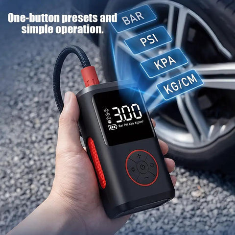Cordless Tire Inflator Air Compressor For Land Rover Range Rover Electric Mla Flex Ev 2025 2026 with digital gauge in hand.