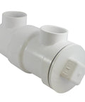 PVC In Line Drainer Strainer White For Kitchen Sinks And Appliances with threaded cleanout lid shown from side angle