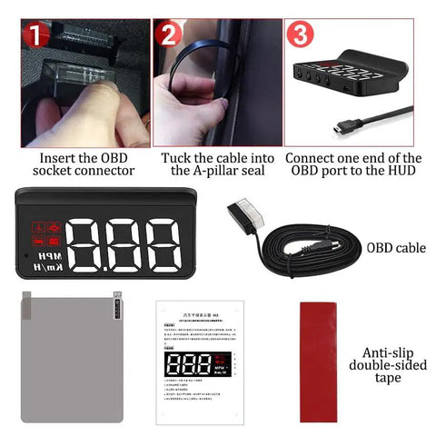 Installation guide for Slick Plug And Play Hud Obd Display With Built In Lens Hood For Zero Windshield Glare.