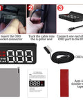 Plug And Play Windshield Hud Speedometer Projector showing installation steps, OBD cable, anti-slip tape, and HUD interface.