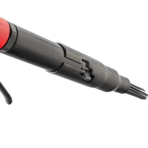Close-up of Beast Heavy Duty Air Needle Scaler with hardened steel casing, showing 1/8 inch needles for rust and paint removal.