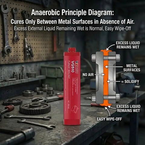 Industrial Grade High Temp Anaerobic Gasket Maker Sealant For Heavy Duty Machinery And Transmissions, 4 Pack 10.14 Fl Oz Cartridges, Oil Gasoline And Transmission Fluid Resistant, Cures Up To 400 F For Instant Seals. Diagram of sealant curing between metal surfaces