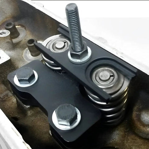 Valve Spring Compressor Tool Kit for LS Engines LS1 LS2 LS3 LS6, Aluminum Alloy close-up in use on engine valve springs.