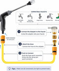 Handheld Pressure Washer Wand With 360 Degree Rotating Nozzle And 3 Spray Modes setup guide with compatible faucet types shown