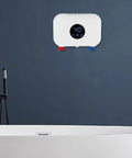 Electric Tankless Water Heater Serving Instant On Demand Hot Water Straight To Your Sink Wall Mounted Setup With Digital Temp Control displayed on wall.