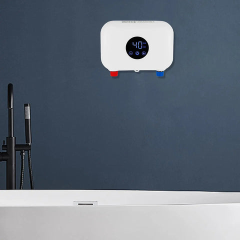 Electric Tankless Water Heater Serving Instant On Demand Hot Water Straight To Your Sink Wall Mounted Setup With Digital Temp Control displayed on wall.