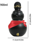 900ml Hydration Bottle With Gourd Inspired Shape For Hikers And Campers, black with gold accents, red ribbon, measurements shown