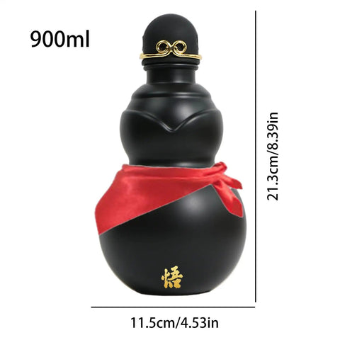 900ml Hydration Bottle With Gourd Inspired Shape For Hikers And Campers, black with gold accents, red ribbon, measurements shown