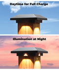 Day and night view of Solar Post Cap Lights For 4x4 Wood Posts, Outdoor Waterproof Warm White LED, shows charging and illumination.
