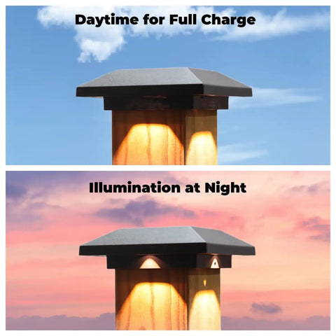 Day and night view of Solar Post Cap Lights For 4x4 Wood Posts, Outdoor Waterproof Warm White LED, shows charging and illumination.
