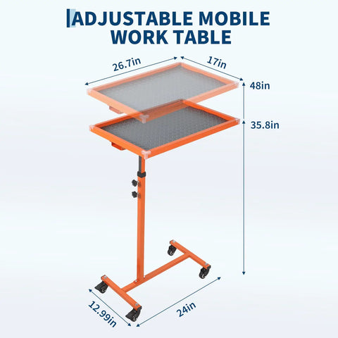Rolling Heavy Duty Steel Work Table With Wheels Adjustable Height From 38.5 To 51.5 Inches 220 Lbs Capacity Big 17x26 Inch Tool Tray With Non Slip Padding Built For Garage Home Auto Repair And DIY Projects