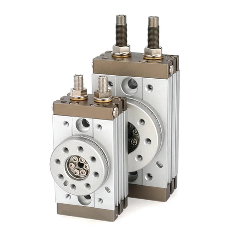 Two MSQB rotary pneumatic air cylinders with rack-and-gear actuators; high-precision MSQB-A front view.