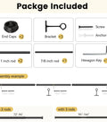Package Included for Built Tough Adjustable Curtain Rod Set 72 To 144 Inches 1 Inch Diameter with images of components and sizes.