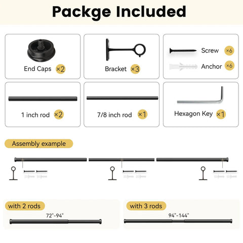 Package Included for Built Tough Adjustable Curtain Rod Set 72 To 144 Inches 1 Inch Diameter with images of components and sizes.