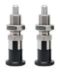 Heavy Duty Stainless Steel Push Fit Ball Nose Spring Plunger 2 Pack M16x1.5 with black bases for industrial applications.