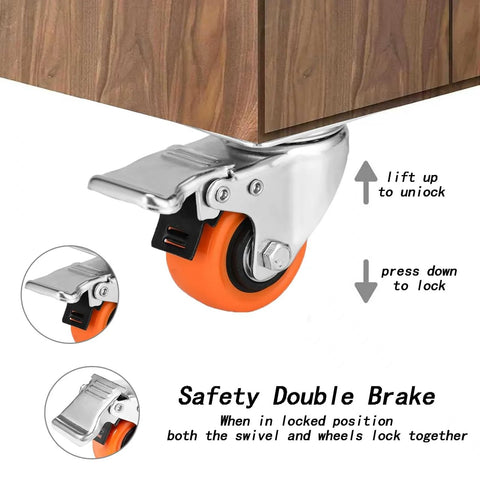 Close-up of Two Inch Caster Wheels Set Of Four With Locking Swivel Casters Heavy Duty Load Capacity Up To 600 Lbs showing safety brake mechanism.