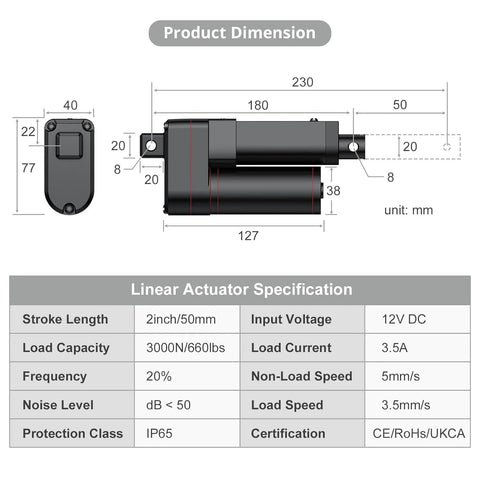 Justech 12V heavy-duty linear actuator with 50mm stroke and 3000N load, includes mounting brackets