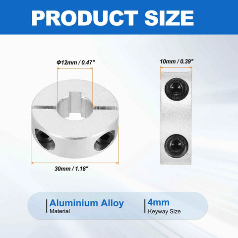 Two Pack Shaft Collar Set With Half Inch Bore Built Tough Heavy Duty Double Split Design One And Three Sixteenths Inch Outer Diameter Three Eighths Inch Thick Aluminum Clamping Style Locking Collars For CNC Machines, Conveyors, And Machinery. aluminum shaft collar size chart, 12mm bore, 30mm OD, 10mm thick