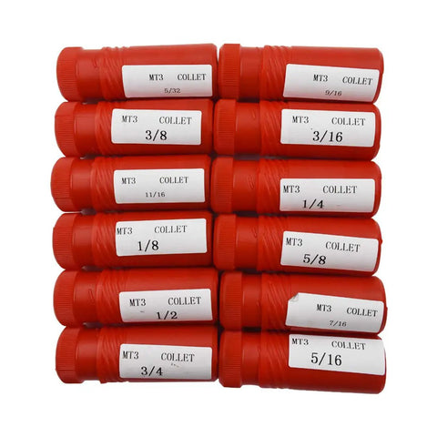 3MT Collet Set 12 Pc from 1/8 Inch to 3/4 Inch in red cases for Bridgeport mills, showing size labels on each collet.