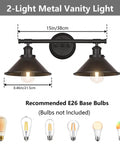Black Two Light Vanity Wall Sconce for Farmhouse Bathrooms with E26 bulb base diagram