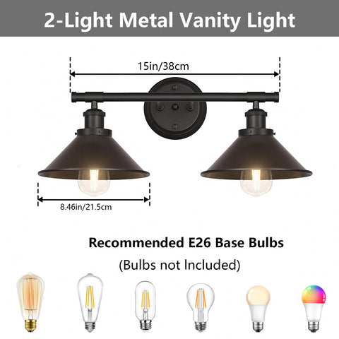 Black Two Light Vanity Wall Sconce for Farmhouse Bathrooms with E26 bulb base diagram