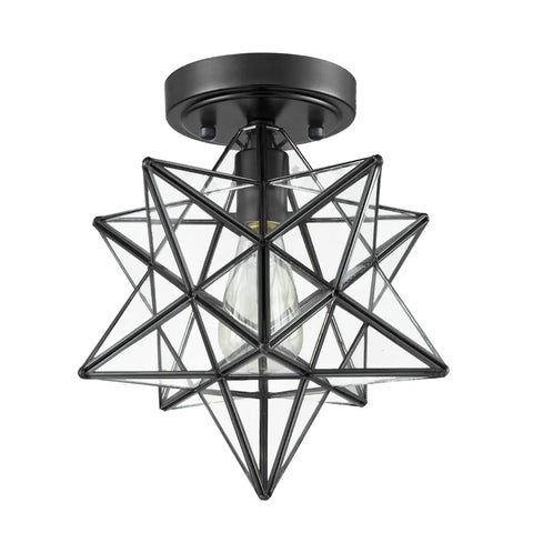 Slick Industrial Black Copper Moravian Star Ceiling Light 12 Inch With Clear Glass Shade 1 Light Fixture Fully Dimmable ETL Listed Hardwired Sleek Modern Rustic Fixture For Living Room Foyer And Hallway