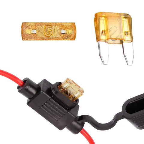 Mini Blade Fuse Holder 18 AWG Waterproof Inline Fuse Kit With 5A ATM Fuses 2 Pack showing holder and fuses details