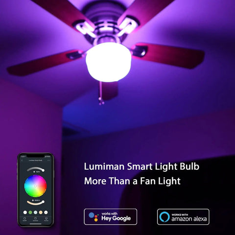 Candelabra E12 LED Smart Bulbs 2 4G WiFi RGB Color Changing Lights Works With Alexa Google Home Music Sync Tunable White App Control 5W 400lm No Hub Needed 3 Pack illuminating a ceiling fan with purple light.