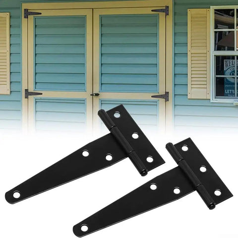 Beefy Heavy Duty T Hinges Galvanized Iron Door Hinges With Screws 6 Inch Black 4 Pack for shed on light blue wall