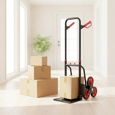 Slip Resistant Stair Climbing Cart Heavy Duty With Folding Ergonomic Hand Truck For Movers And Couriers Compact Portable Stair Helper For Deliveries And Stairs black steel cart with red six-wheel stair climber carrying boxes