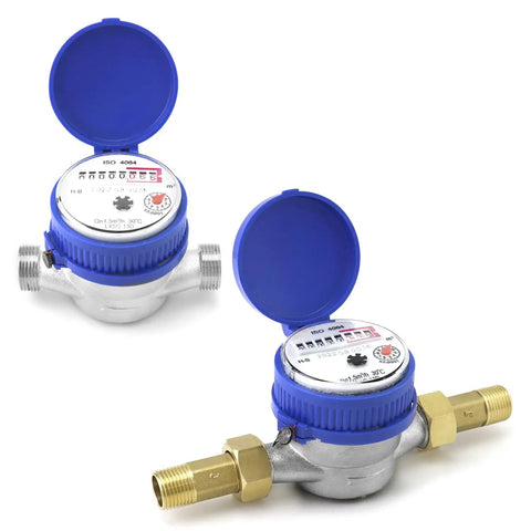 Two Pack Water Meter For Cold Water With Pulse Output Half Inch BSPT Thread And Half Inch NPT Adapters Rotating Dial