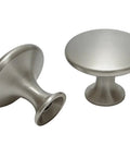 Five Pack Round Cabinet Knobs With Brushed Nickel Finish, Single Hole Drawer Pulls, Classic Euro Style Hardware displayed at different angles.