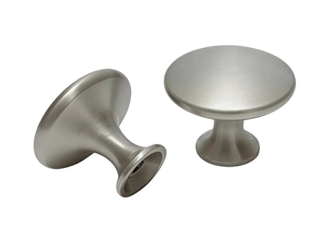 Five Pack Round Cabinet Knobs With Brushed Nickel Finish, Single Hole Drawer Pulls, Classic Euro Style Hardware displayed at different angles.