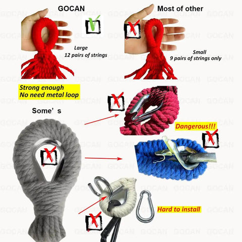 Comparison of hammock loop designs showing differences in strength and installation ease, including no metal loop needed.