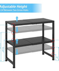 Expandable 2 Tier Metal Storage Shelves With 150 Lbs Capacity Heavy Duty Organizer showing dimensions and adjustable height