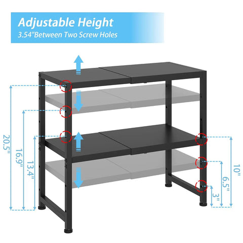 Expandable 2 Tier Metal Storage Shelves With 150 Lbs Capacity Heavy Duty Organizer showing dimensions and adjustable height