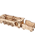 Mini Locomotive 3D Puzzle For Adults Hands On Wooden Train Model Kit Rubber Band Powered Mechanical Puzzle With 172 Pieces Easy DIY Craft Project For Home Workshop And Train Enthusiasts Pure Fun side view, assembled wooden locomotive and tender