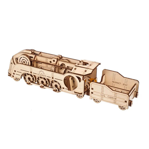 Mini Locomotive 3D Puzzle For Adults Hands On Wooden Train Model Kit Rubber Band Powered Mechanical Puzzle With 172 Pieces Easy DIY Craft Project For Home Workshop And Train Enthusiasts Pure Fun side view, assembled wooden locomotive and tender