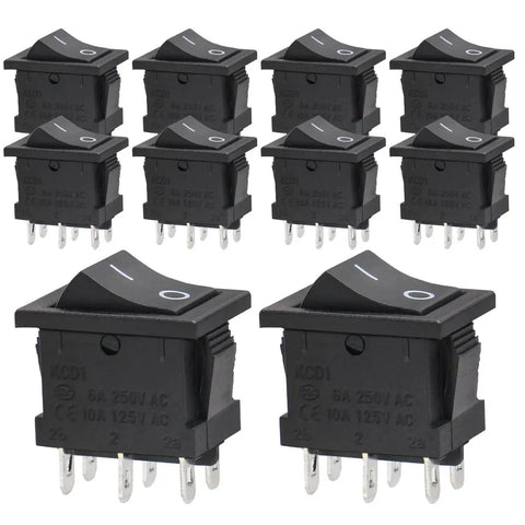 10 Pack DPDT Rocker Switch 6 Pin On On 2 Position Snap In Boat Rocker Switch For Electrical Projects AC 250V 6A And AC 125V 10A Dual Voltage Rating Black Durable Housing, black plastic 21 x 15 x 25 mm
