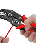 No Sweat Ratcheting Wire Crimping Tool With Auto Release Handle And Chrome Moly Jaws for open barrel terminals, shown in use crimping.