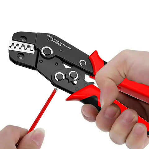 No Sweat Ratcheting Wire Crimping Tool With Auto Release Handle And Chrome Moly Jaws for open barrel terminals, shown in use crimping.