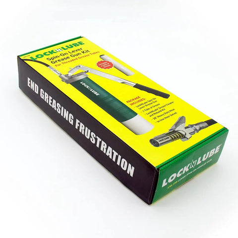 Spin On Lever Grease Gun Kit with 20 inch hose, inline swivel, 14.5 oz threaded tube, box packaging view