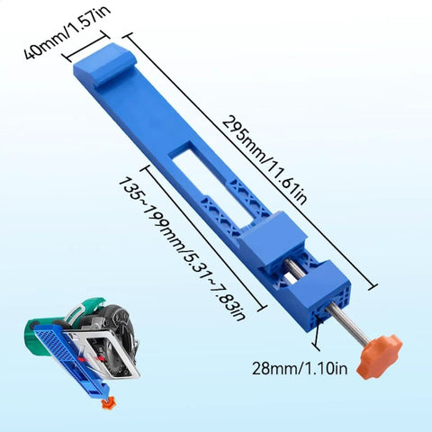 Heavy Duty Adjustable Base Guide For Electric Circular Saw Boost Precision Woodworking Cuts with blue clamp and dimensions shown.