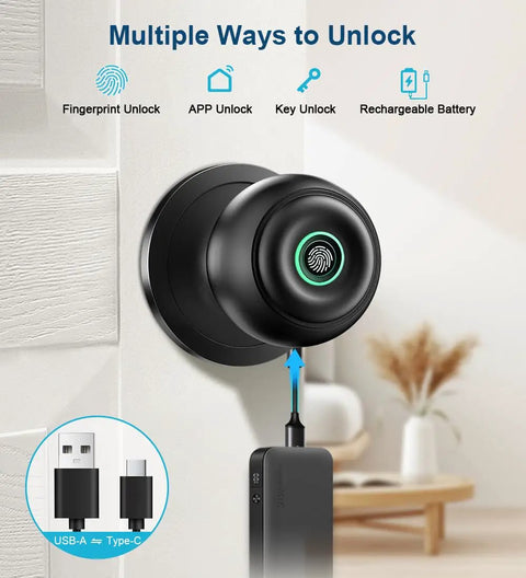 Biometric Smart Door Lock With Fingerprint Scanner, App Control And Physical Key, Keyless Thumbprint Entry with USB Charger