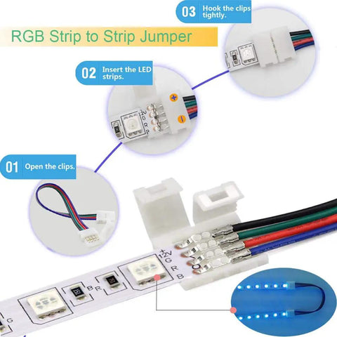 4 Pin LED Strip Connector Kit For 5050 RGB 10mm Light Strips Not RGBIC With Eight Solderless Accessories showing open clip, insertion, and connection.