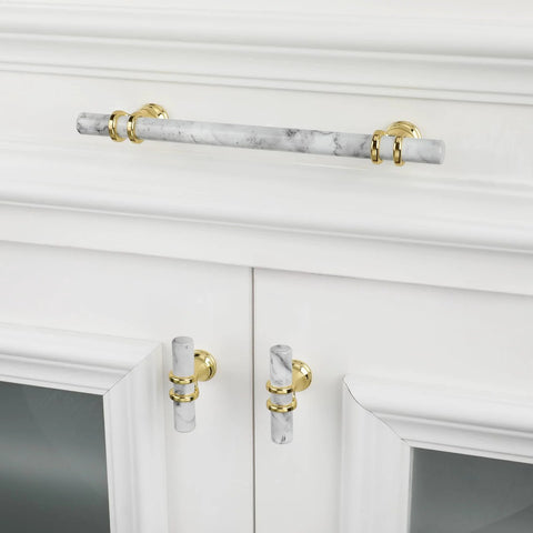White Marble And Gold Drawer Pulls Set, 10 Pack, 3 Inch Center Hole T Bar Zinc Alloy Cabinet Handles installed on white cabinet