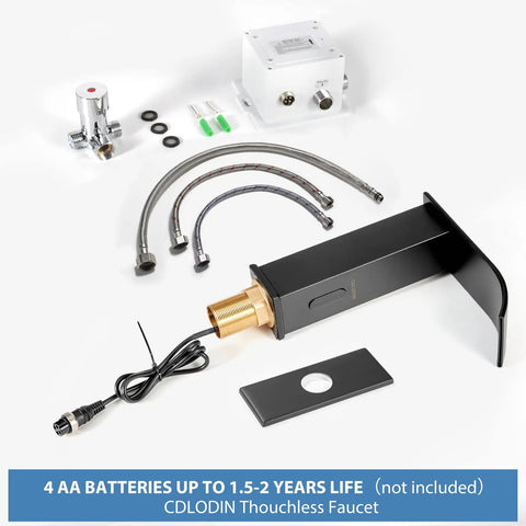 Touchless Sensor Bathroom Faucet With Automatic Waterfall Flow Matte Black Stainless Hands Free 1 Hole Install components