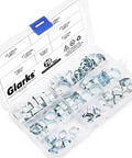 70 Piece Zinc Plated Double Ear Hose Clamp Kit With Standard Jaw Pincers in open box showing various clamp sizes