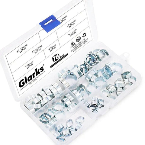 70 Piece Zinc Plated Double Ear Hose Clamp Kit With Standard Jaw Pincers in open box showing various clamp sizes