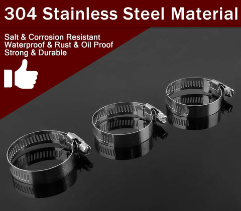 304 stainless steel hose clamps, 3 pieces displayed, focus on durability; part of 12 Pack Adjustable Stainless Steel Hose Clamps 27 To 51mm Worm Gear For Auto Repair Plumbing Fuel Lines And Mechanical Projects 1 To 2 Inch Clamp Set Kit.